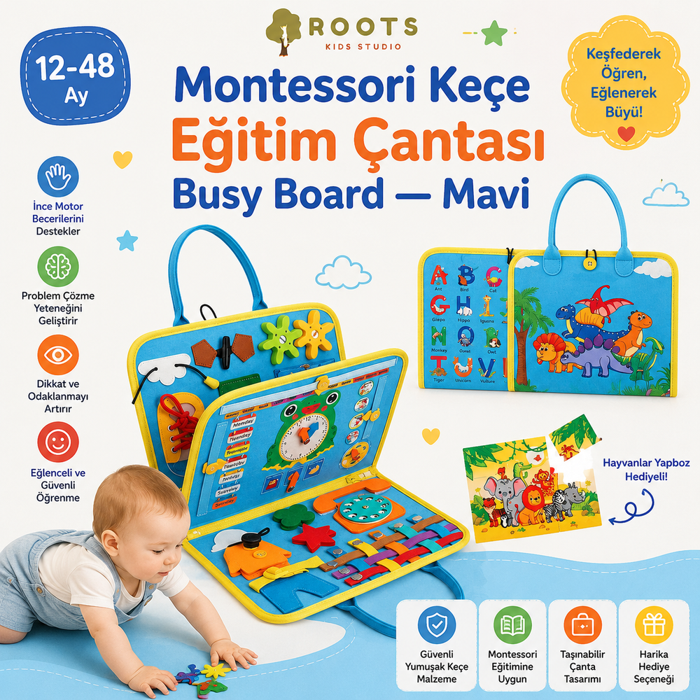 Montessori Keçe Eğitim Çantası Busy Board — Mavi (4 Sayfa)