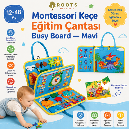 Montessori Keçe Eğitim Çantası Busy Board — Mavi (4 Sayfa)