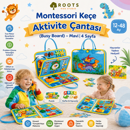 Montessori Keçe Eğitim Çantası Busy Board — Mavi (4 Sayfa)
