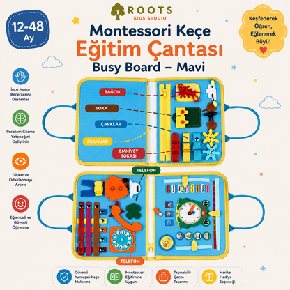 Montessori Keçe Eğitim Çantası Busy Board — Mavi (4 Sayfa)
