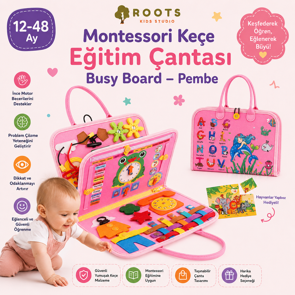 Montessori Keçe Eğitim Çantası Busy Board — Pembe (4 Sayfa)