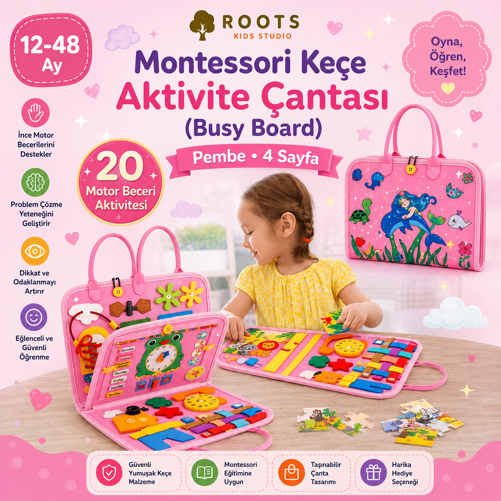 Montessori Keçe Eğitim Çantası Busy Board — Pembe (4 Sayfa)