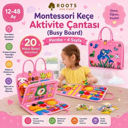 Montessori Keçe Eğitim Çantası Busy Board — Pembe (4 Sayfa)