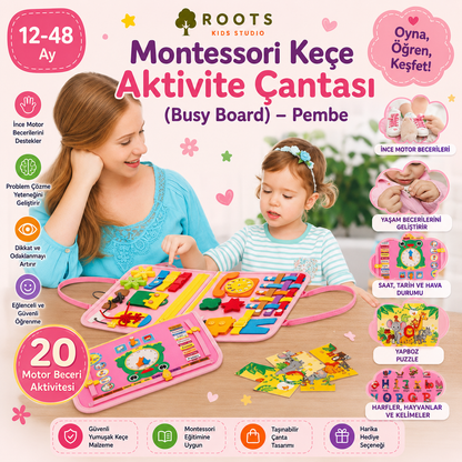 Montessori Keçe Eğitim Çantası Busy Board — Pembe (4 Sayfa)